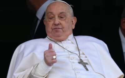 Pope Francis appears in the hospital window, greeting the crowd after 5 weeks of treatment